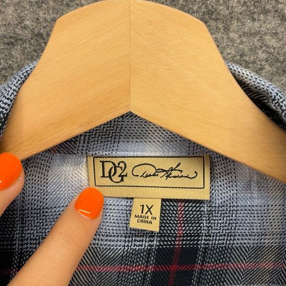 DG2 Shirt Women 1X Plus Blue Plaid Button Up Collared Long Sleeve Pockets Rayon - Picture 3 of 7